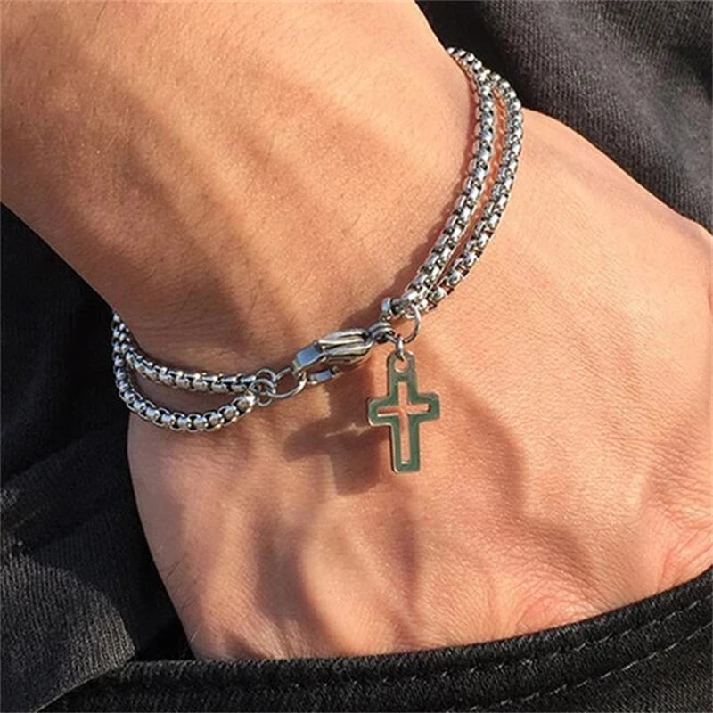 Pulseira Masculina de Aço Inoxidável com Pingente de Cruz